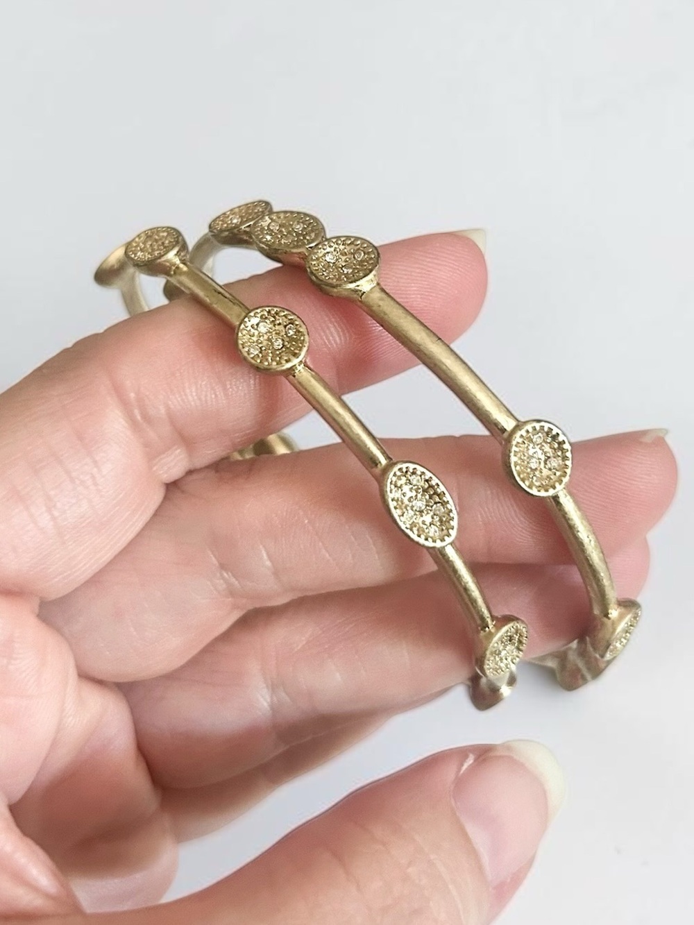 Set of 2 Gold Tone Textured Station Bangle Bracelets Organic Artisan Style